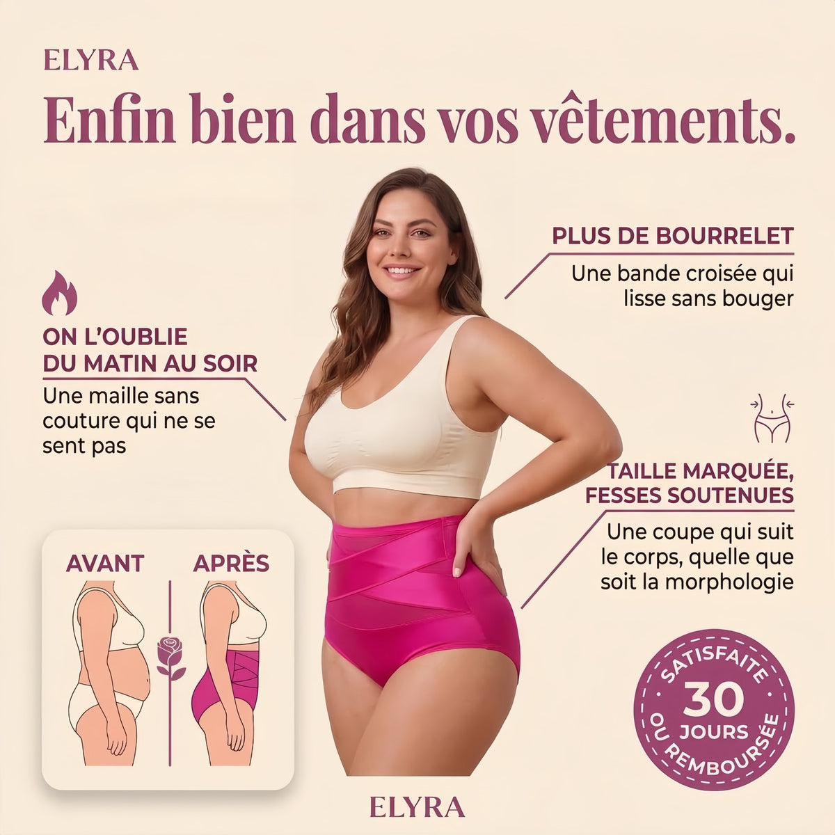 Les bénéfices d'Elyra Ceintéa : plus de bourrelet, maille sans couture, taille marquée