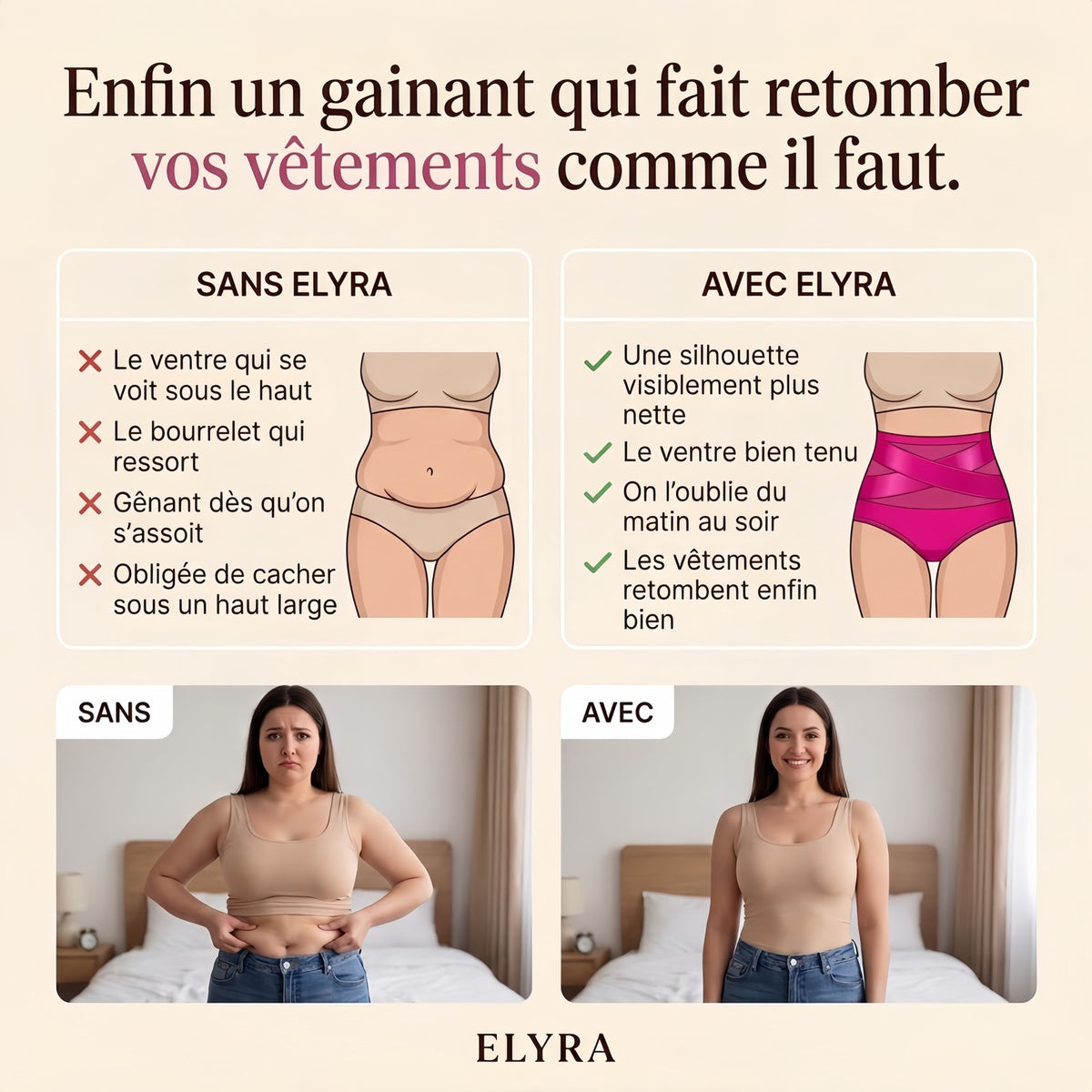 Comparaison sans et avec Elyra Ceintéa sous les vêtements