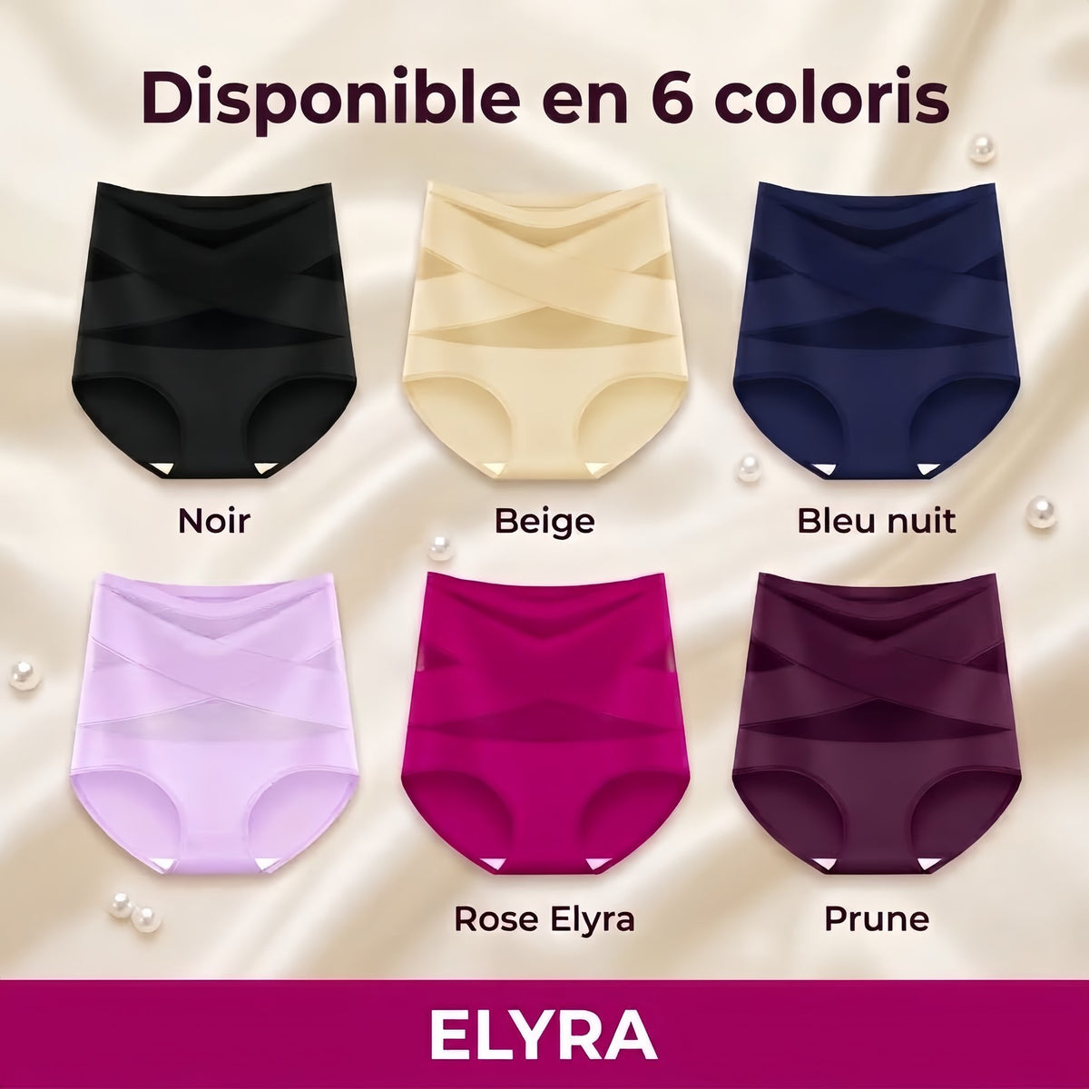 Les coloris d'Elyra Ceintéa : noir, beige, bleu nuit, rose Elyra et prune